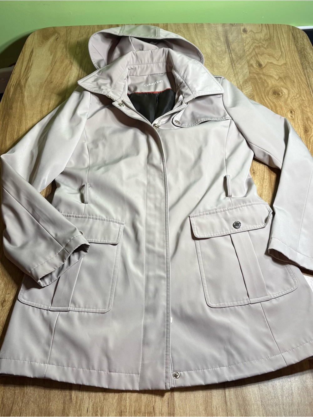 Calvin Klein Beige Full Zip Snap Hooded Rain Jacket Coat Size Large PICS